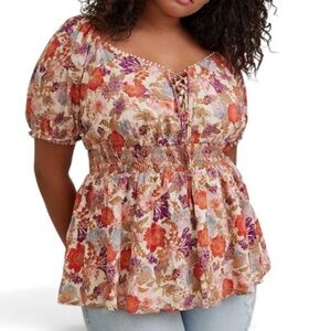 Torrid Floral Georgette Eyelet Smocked Waist Puff Sleeve Blouse Top